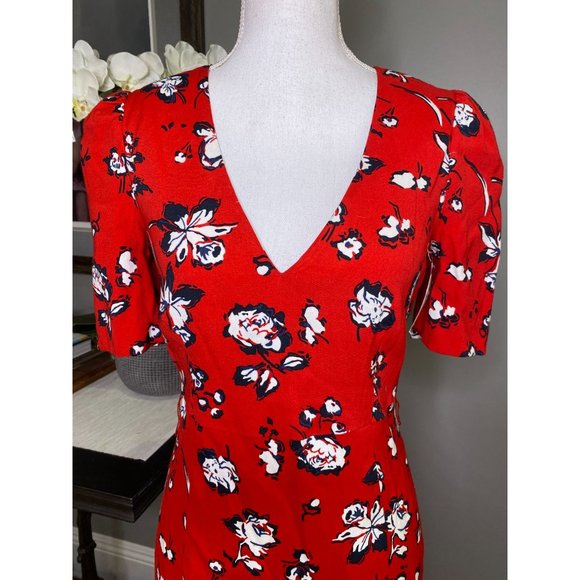 Veronica Beard Joia Red Multi Floral Print V-Neck Midi Dress Women's Size 2 - Picture 6 of 12